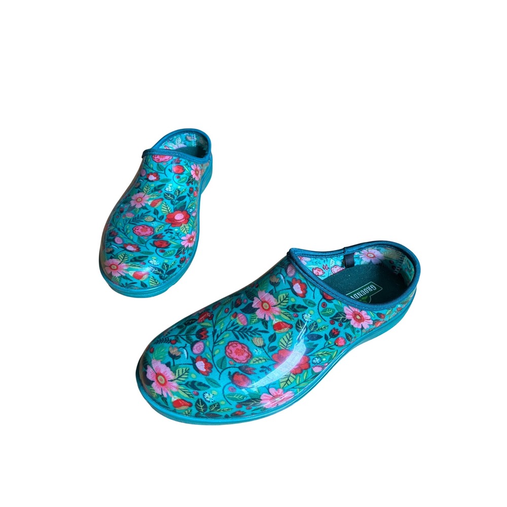 Groundwork Floral Garden Clogs Teal Multi Color Slip On Rubber Shoes Womens 9